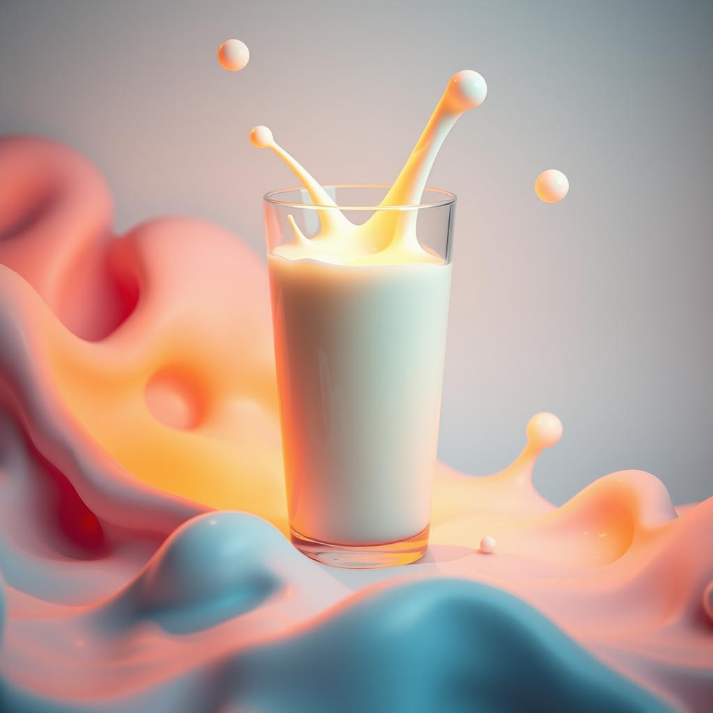 A surreal and artistic representation of a glass of milk, surrounded by colorful abstract shapes and patterns