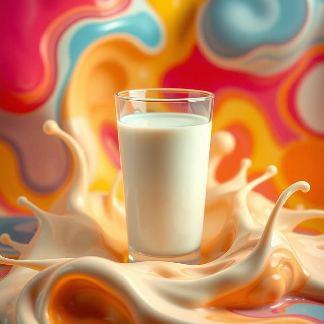 A surreal and artistic representation of a glass of milk, surrounded by colorful abstract shapes and patterns