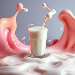A surreal and artistic representation of a glass of milk, surrounded by colorful abstract shapes and patterns