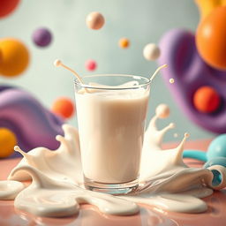 A surreal and artistic representation of a glass of milk, surrounded by colorful abstract shapes and patterns