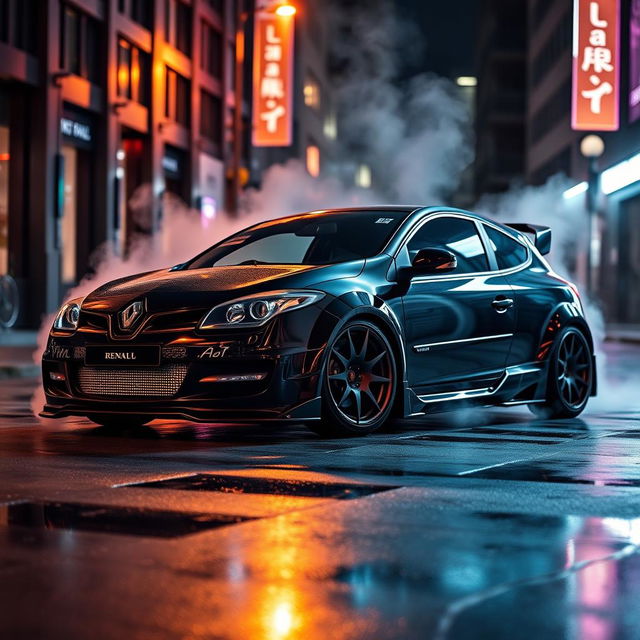 A striking Renault Megane 2 from 2006, designed as a sporty two-door model, showcased in an aggressive full black finish