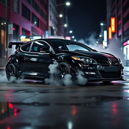 A striking Renault Megane 2 from 2006, designed as a sporty two-door model, showcased in an aggressive full black finish