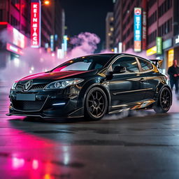 A striking Renault Megane 2 from 2006, designed as a sporty two-door model, showcased in an aggressive full black finish