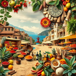 A vibrant collage that seamlessly blends elements of Ayurveda and Indian culture with Mediterranean influences