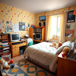 A nostalgic late 1990s kids bedroom, featuring a brightly colored wallpaper with playful patterns, a twin-sized bed covered in a fuzzy comforter, stuffed animals scattered around, a wooden desk cluttered with school supplies, and a bookshelf filled with popular children's books and toys