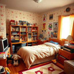 A nostalgic late 1990s kids bedroom, featuring a brightly colored wallpaper with playful patterns, a twin-sized bed covered in a fuzzy comforter, stuffed animals scattered around, a wooden desk cluttered with school supplies, and a bookshelf filled with popular children's books and toys