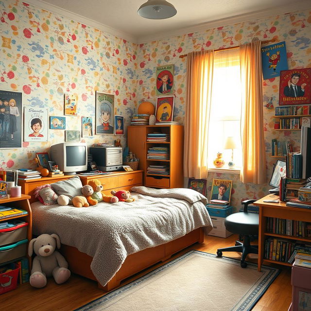 A nostalgic late 1990s kids bedroom, featuring a brightly colored wallpaper with playful patterns, a twin-sized bed covered in a fuzzy comforter, stuffed animals scattered around, a wooden desk cluttered with school supplies, and a bookshelf filled with popular children's books and toys