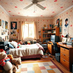 A nostalgic late 1990s kids bedroom, featuring a brightly colored wallpaper with playful patterns, a twin-sized bed covered in a fuzzy comforter, stuffed animals scattered around, a wooden desk cluttered with school supplies, and a bookshelf filled with popular children's books and toys