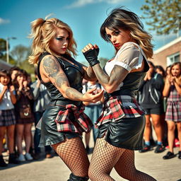 A vivid scene in a schoolyard featuring a sexy, hot, beautiful, stunning, and curvy girl with medium messy black hair and crystal blue eyes, engaged in an intense fight with another gorgeous, curvy girl with thick blonde hair