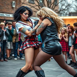 A vivid scene in a schoolyard featuring a sexy, hot, beautiful, stunning, and curvy girl with medium messy black hair and crystal blue eyes, engaged in an intense fight with another gorgeous, curvy girl with thick blonde hair