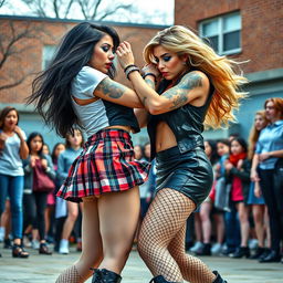 A vivid scene in a schoolyard featuring a sexy, hot, beautiful, stunning, and curvy girl with medium messy black hair and crystal blue eyes, engaged in an intense fight with another gorgeous, curvy girl with thick blonde hair