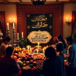 A beautiful and cozy Yalda Night celebration scene featuring traditional Persian elements