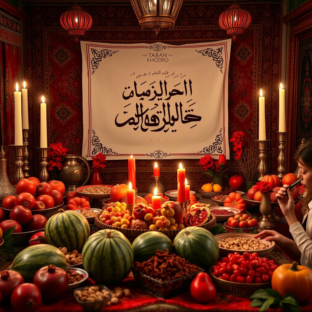 A beautiful and cozy Yalda Night celebration scene featuring traditional Persian elements