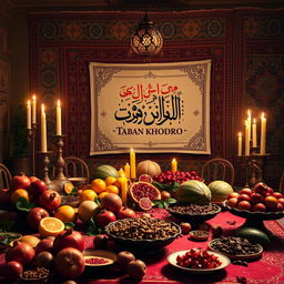 A beautiful and cozy Yalda Night celebration scene featuring traditional Persian elements