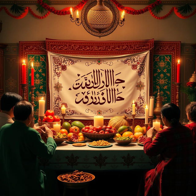 A beautiful and cozy Yalda Night celebration scene featuring traditional Persian elements