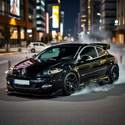 A sleek Renault Megane 2 from 2006, designed as a sporty two-door model, presented in a striking full black finish that exudes power and style