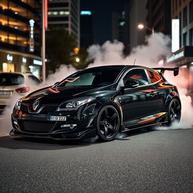 A sleek Renault Megane 2 from 2006, designed as a sporty two-door model, presented in a striking full black finish that exudes power and style