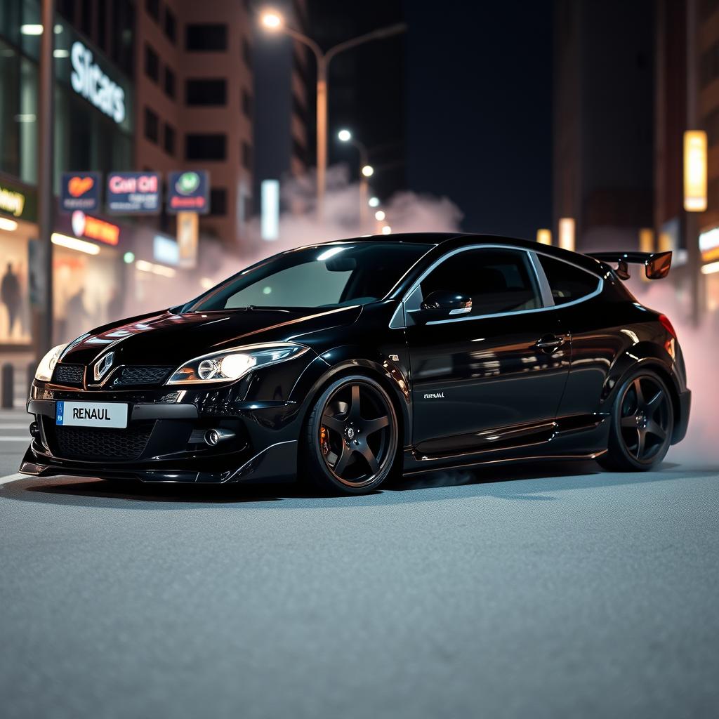 A sleek Renault Megane 2 from 2006, designed as a sporty two-door model, presented in a striking full black finish that exudes power and style