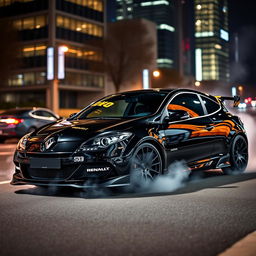 A sleek Renault Megane 2 from 2006, designed as a sporty two-door model, presented in a striking full black finish that exudes power and style