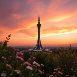 A stunning view of Milad Tower, a modern architectural marvel located in Tehran, beautifully surrounded by a vibrant landscape