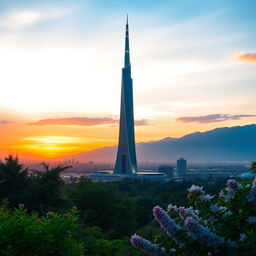 A stunning view of Milad Tower, a modern architectural marvel located in Tehran, beautifully surrounded by a vibrant landscape