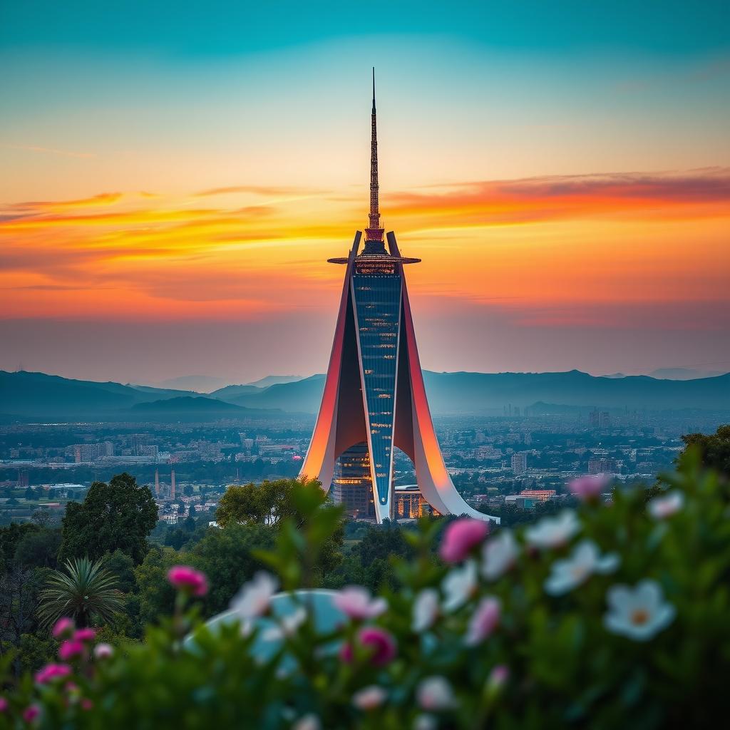 A stunning view of Milad Tower, a modern architectural marvel located in Tehran, beautifully surrounded by a vibrant landscape