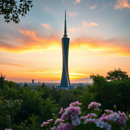 A stunning view of Milad Tower, a modern architectural marvel located in Tehran, beautifully surrounded by a vibrant landscape