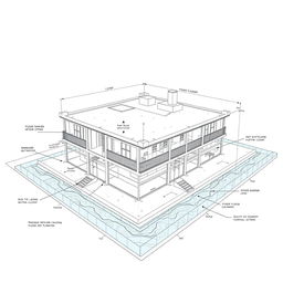 A realistic architectural plan of a building design showcasing multiple flood levels