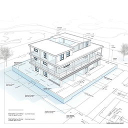 A realistic architectural plan of a building design showcasing multiple flood levels