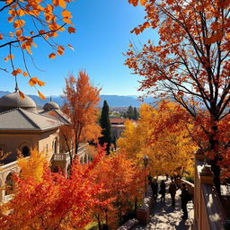 A picturesque view of Khansar city during the fall season, showcasing the vibrant foliage in hues of orange, red, and yellow