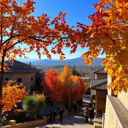 A picturesque view of Khansar city during the fall season, showcasing the vibrant foliage in hues of orange, red, and yellow