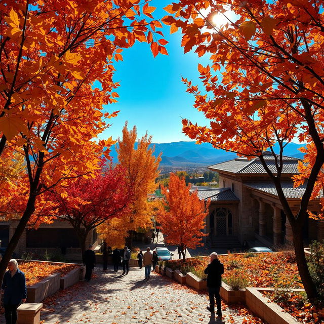 A picturesque view of Khansar city during the fall season, showcasing the vibrant foliage in hues of orange, red, and yellow