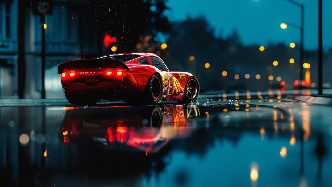 A city street at night, with rain falling, creating a reflective surface on the asphalt