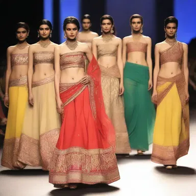 The fashion show featured a collection inspired by Hindustani traditional attire, with vibrant saris and intricate embroidery.