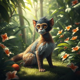 A surreal creature with the body of a sleek, graceful cat featuring a lush, furry coat in a variety of colors, and the head of a whimsical monkey with expressive features and playful eyes