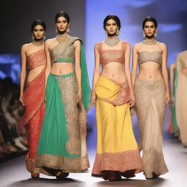 The fashion show featured a collection inspired by Hindustani traditional attire, with vibrant saris and intricate embroidery.