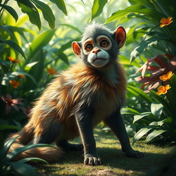 A surreal creature with the body of a sleek, graceful cat featuring a lush, furry coat in a variety of colors, and the head of a whimsical monkey with expressive features and playful eyes