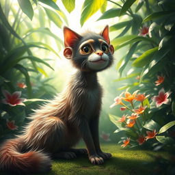 A surreal creature with the body of a sleek, graceful cat featuring a lush, furry coat in a variety of colors, and the head of a whimsical monkey with expressive features and playful eyes