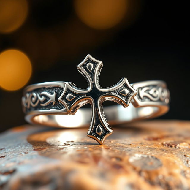 A beautifully designed silver ring featuring a broken cross motif, showcasing intricate detailing and a polished finish