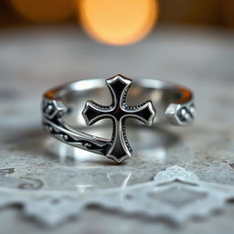 A beautifully designed silver ring featuring a broken cross motif, showcasing intricate detailing and a polished finish