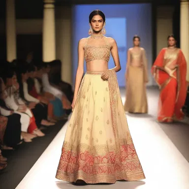 The fashion show featured a collection inspired by Hindustani traditional attire, with vibrant saris and intricate embroidery.