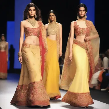 The fashion show featured a collection inspired by Hindustani traditional attire, with vibrant saris and intricate embroidery.