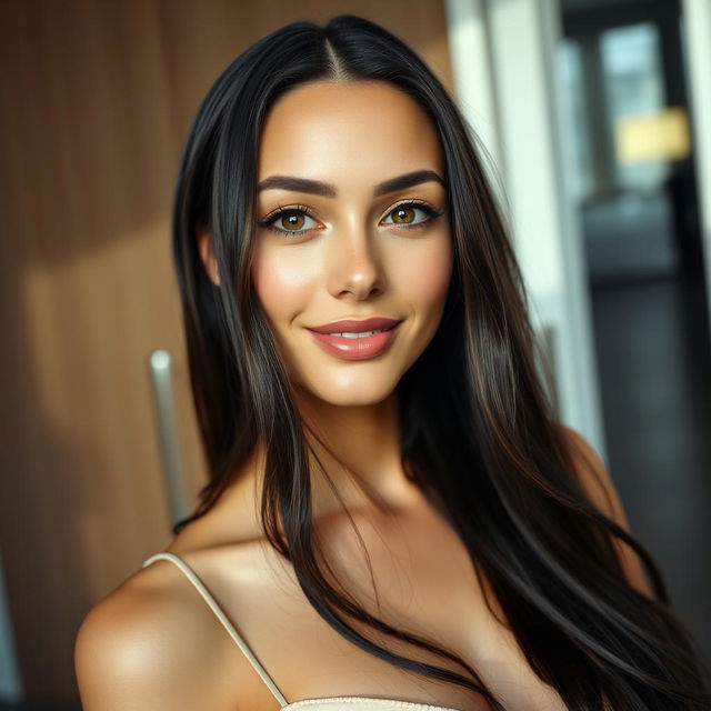 A beautiful close-up portrait of a woman with radiant, flawless skin, showcasing her healthy complexion