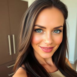 A beautiful close-up portrait of a woman with radiant, flawless skin, showcasing her healthy complexion