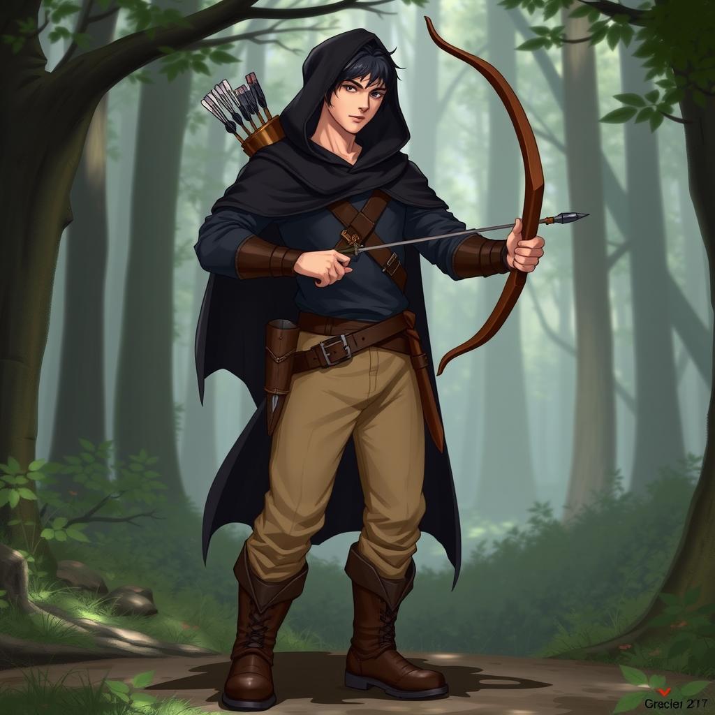 A 23-year-old human male character named Droker, depicted as a Ranger class