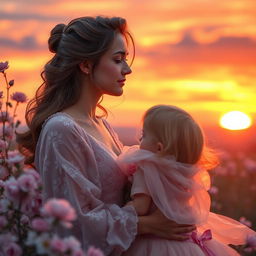 a romantic woman in a dreamy setting, wearing a flowing dress adorned with floral patterns, surrounded by soft pastel colored flowers, her hair elegantly styled, with a gentle expression as she gazes into the distance, the background features a sunset with vibrant hues of orange, pink, and purple, creating a magical atmosphere filled with love and tenderness