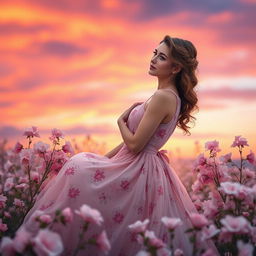 a romantic woman in a dreamy setting, wearing a flowing dress adorned with floral patterns, surrounded by soft pastel colored flowers, her hair elegantly styled, with a gentle expression as she gazes into the distance, the background features a sunset with vibrant hues of orange, pink, and purple, creating a magical atmosphere filled with love and tenderness