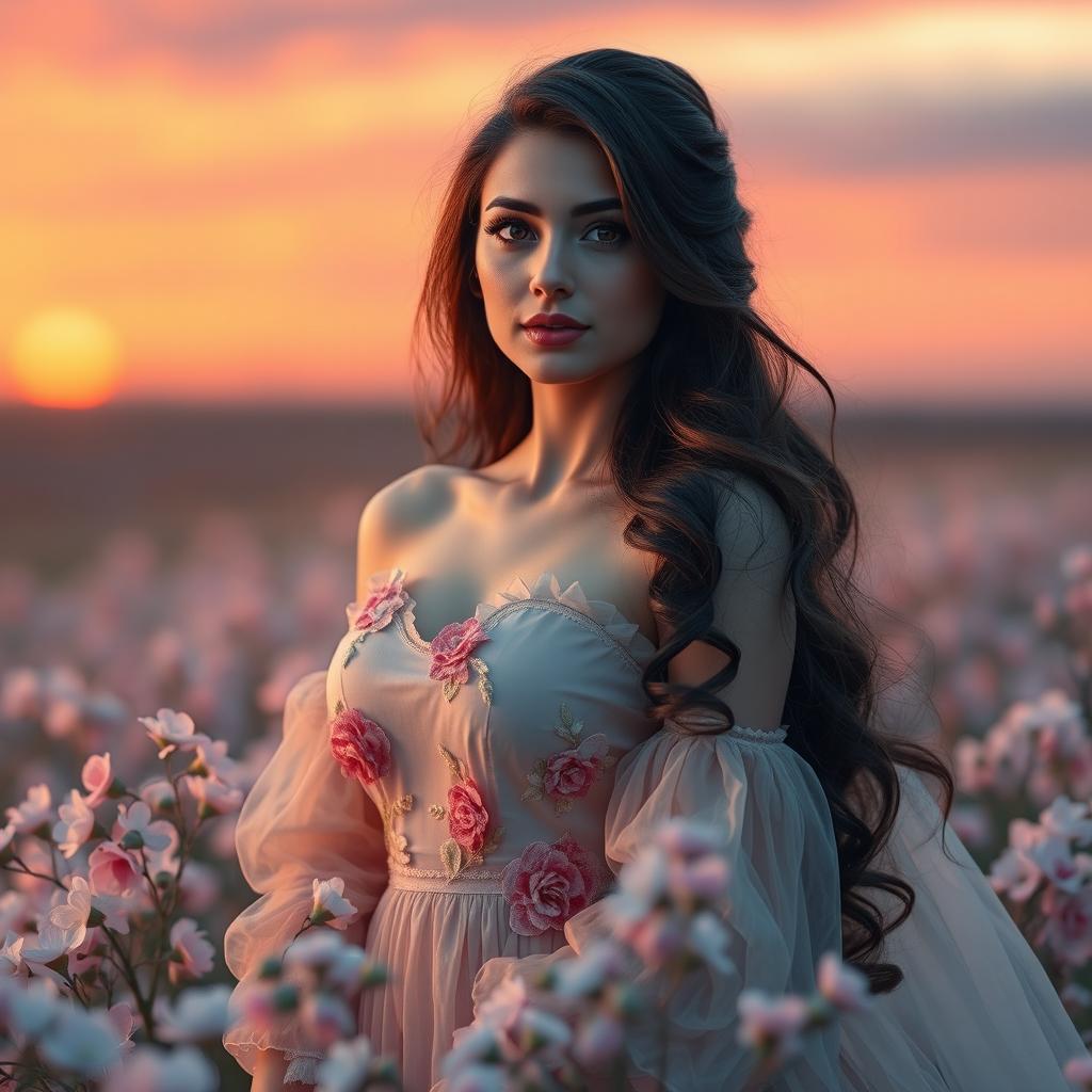 a romantic woman in a dreamy setting, wearing a flowing dress adorned with floral patterns, surrounded by soft pastel colored flowers, her hair elegantly styled, with a gentle expression as she gazes into the distance, the background features a sunset with vibrant hues of orange, pink, and purple, creating a magical atmosphere filled with love and tenderness