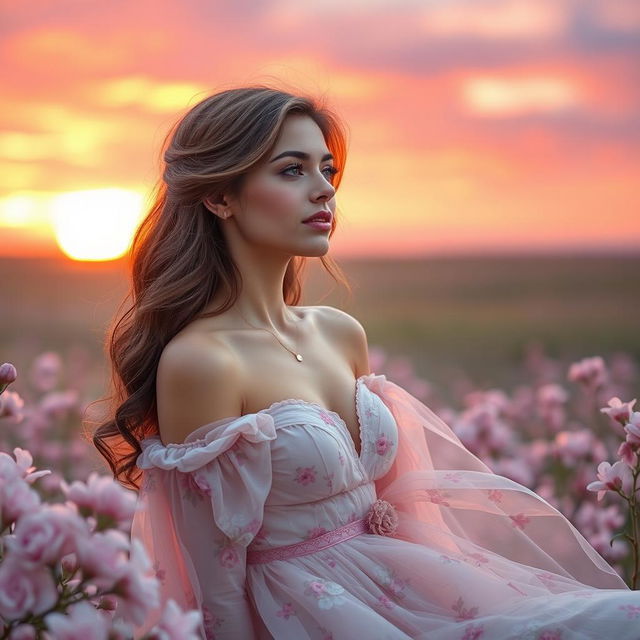 a romantic woman in a dreamy setting, wearing a flowing dress adorned with floral patterns, surrounded by soft pastel colored flowers, her hair elegantly styled, with a gentle expression as she gazes into the distance, the background features a sunset with vibrant hues of orange, pink, and purple, creating a magical atmosphere filled with love and tenderness