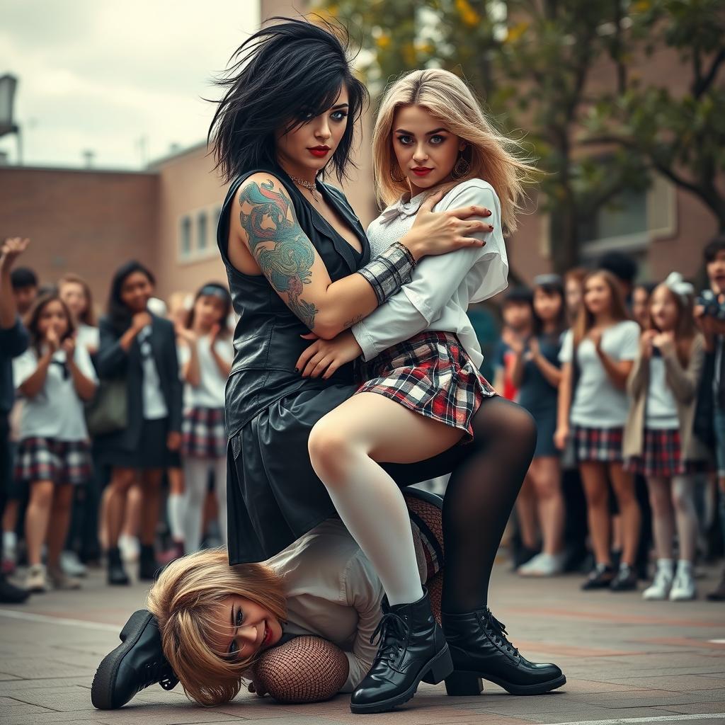 A striking scene in a schoolyard where a sexy, hot, beautiful, stunning, and curvy girl with medium messy black hair and crystal blue eyes is sitting on top of another gorgeous, curvy girl with thick blonde hair